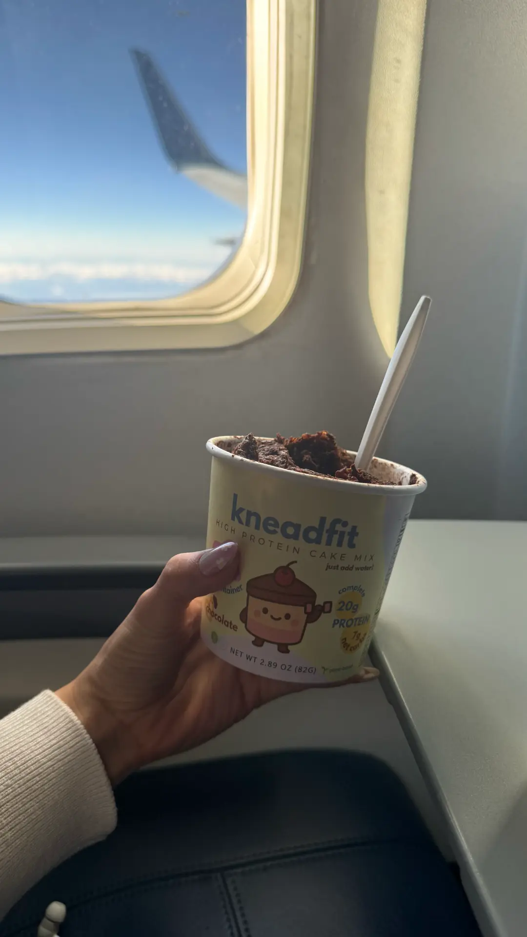 A prepared KneadFit chocolate cake on an airplane tray